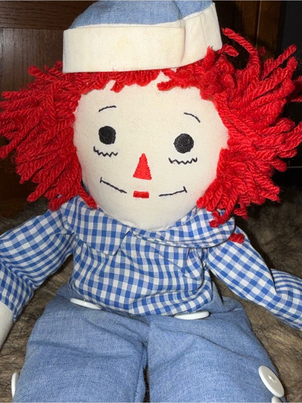 Raggedy Andy cloth tag doll red hair blue checkered shirt blue trousers 15”